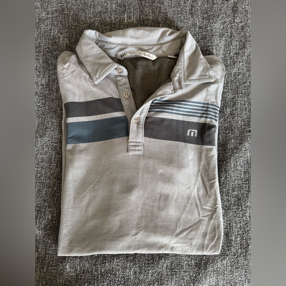 Travis Mathew Light Gray Polo with Navy and Black Stripes